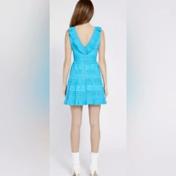 Alice + Olivia Ruffled Eyelet Mini Dress Sleeveless Size 10 in Marine Blue NWT
